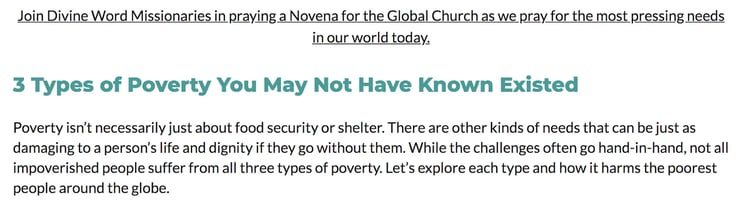 A webpage headline reads "3 Types of Poverty You May Not Have Known Existed," with a paragraph explaining the different forms of poverty beyond food and shelter to inspire generosity and encourage deeper donor engagement..