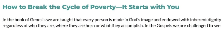 A webpage headline reads "3 Types of Poverty You May Not Have Known Existed," with a paragraph explaining the different forms of poverty beyond food and shelter to inspire generosity and encourage deeper donor engagement..