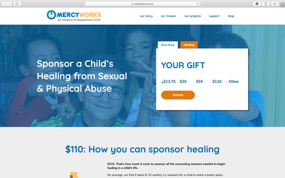Child sponsorship landing page where Matt donated for the first time
