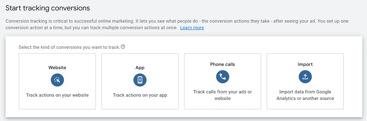 Screenshot of a Google Ads interface showing options to track conversions: Website, App, Phone calls, and Import from Google Analytics or another source.